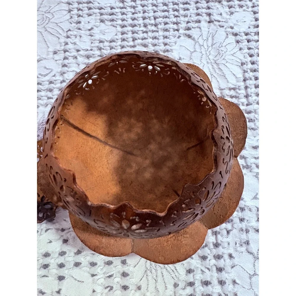 Hand Carved Coconut Shell Floral Lattice Candle Holder Trinket Box with Lid 6